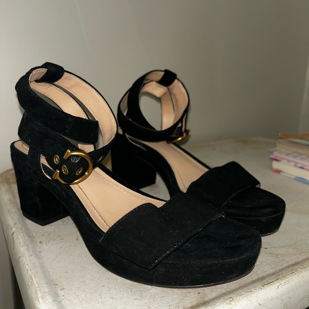 COACH Serena Black Suede Women's Block Heel Sandals